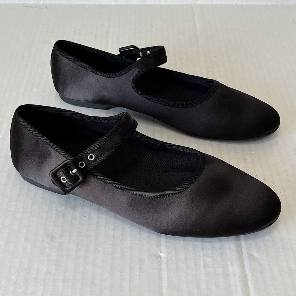 Everlane The Day Buckle Mary Jane Black Satin Ballet Flats Womens Sz 9.5 Preppy